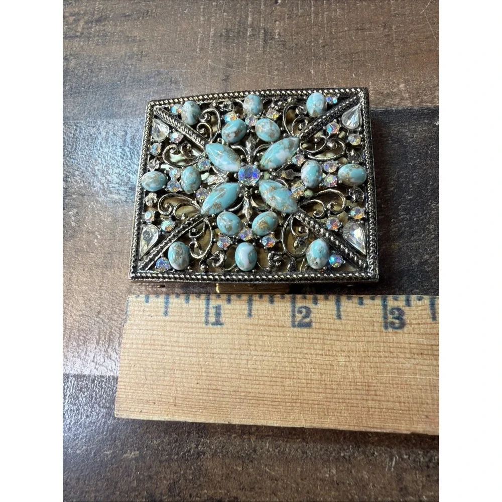 Jeweled Powder Compact Case Gold Brass Faux Turquoise 1950s SF Co 5th Ave Vtg
